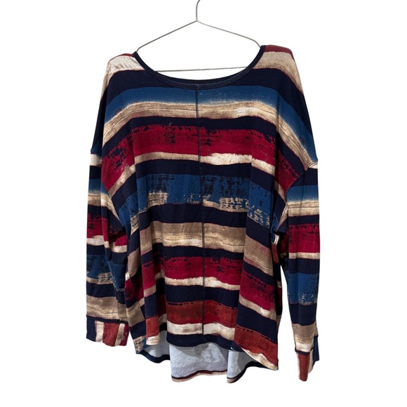 Westbound Tops - Westbound Woman 3X Striped Long Sleeve Top Red Blue Beige